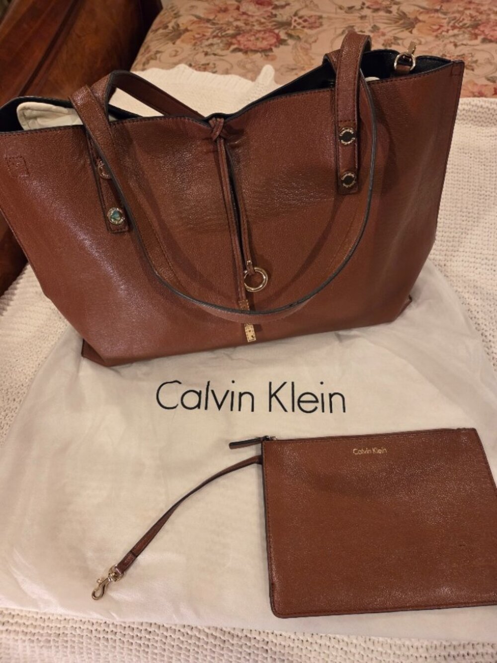Calvin Klein Reversible Brown/ Black Pebble Grain Vegan Leather Tote